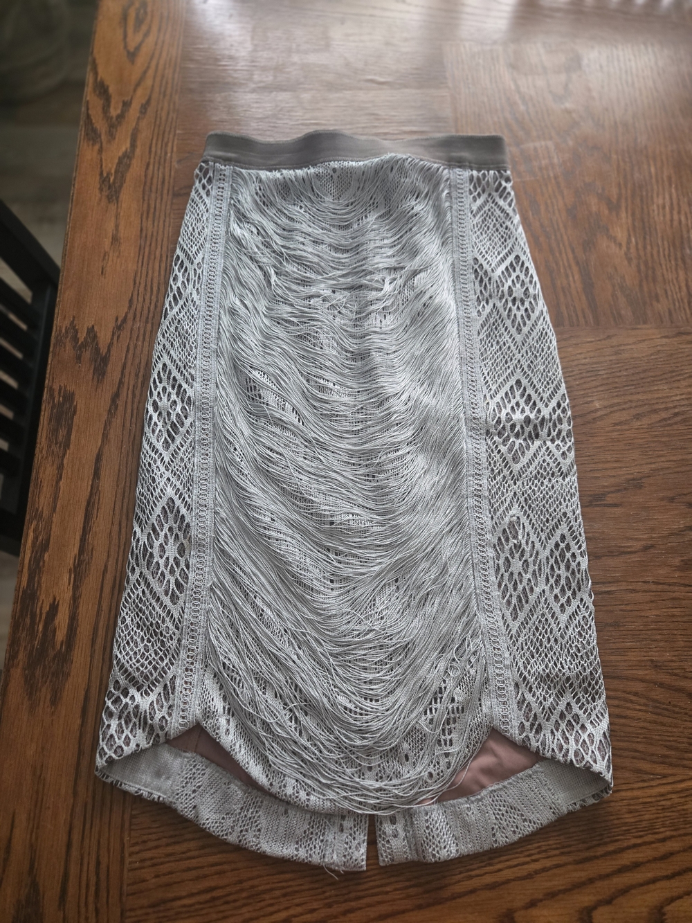 Byron Lars Silver Fringe Lace Pencil Skirt